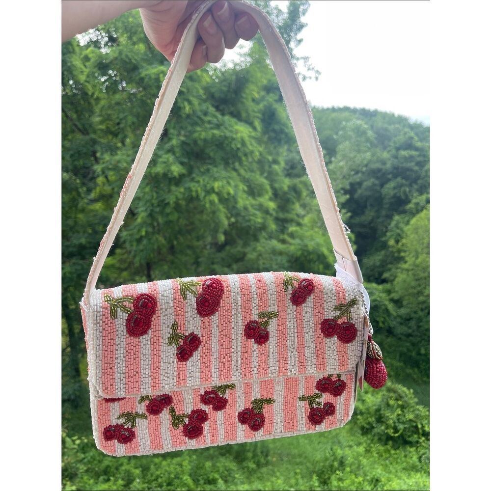 Cherry Beaded Shoulder Bag - Pink Stripe